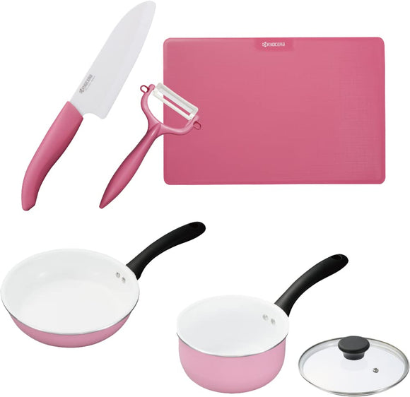 Kyocera GF-504PK-AZ Ceramic Kitchen 5-Piece Set, Knife, Peeler, Cutting Board, For Gas Burners, Frying Pan, Single Handle, Pink