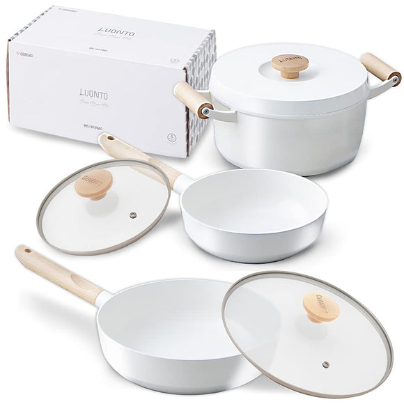 February Iris Ohyama LUO-SE6W Frying Pan and Pot 6-Piece Set, Luont, Gas FlameInduction Heat Compatible, Deep Type, Waterless Pot, White