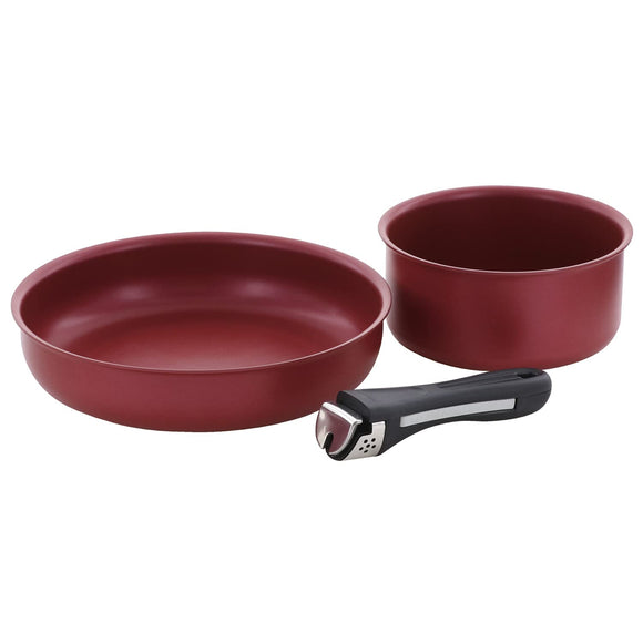 Bestco IH ND-818 Pot and Frying Pan, Removable Handle, 3-Piece Set, Red, One Handle, Diamond Coat