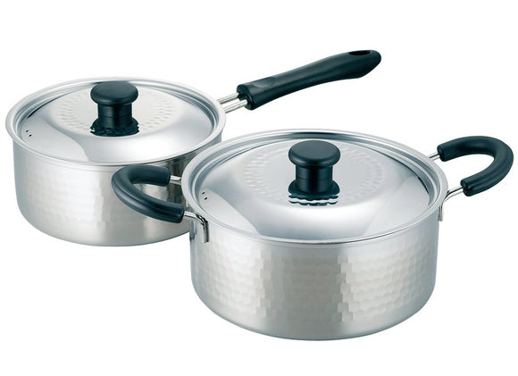 Shimomura Planning 29716 Stainless Steel Pot, Set of 2, Single Handle Pot, 7.1 inches (18 cm), Two-Handled Pot, 7.9 inches (20 cm), Induction Compatible, With Hammer, Made in Japan