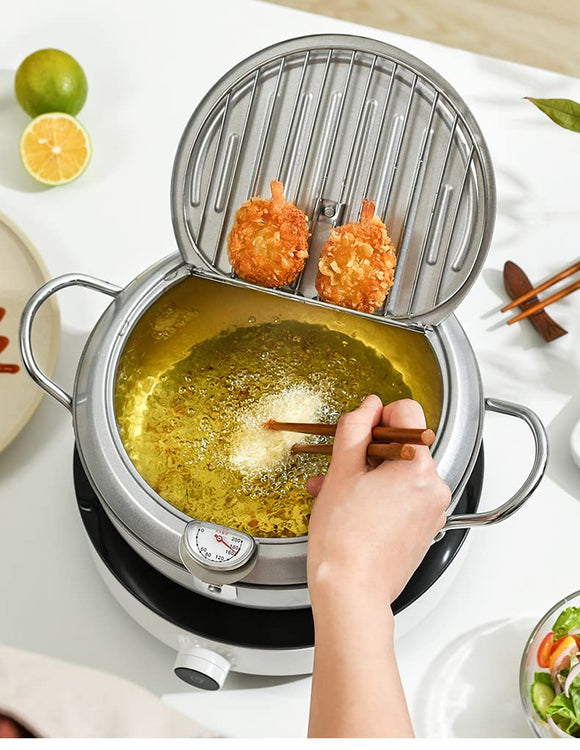 Induction Gas Stove-Compatible Iron, Safe Tempura Pot, 9.4 inches (24 cm), Guard Frame, Bad Lid, Thermometer, Fryer, Silver