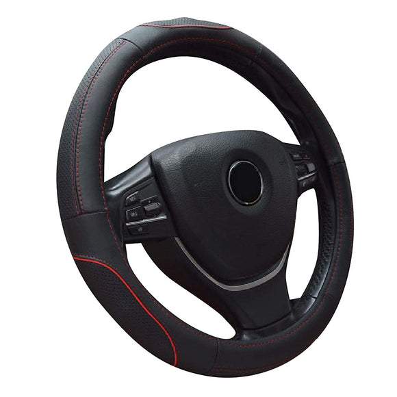 LINXAS LX-152 Steering Wheel Cover, Light Cars, Small Size, Genuine Leather, Steering Cover, Leather, Passenger Car, Normal Car, O-Shape, 15.0 inches (38 cm), Leather, All Seasons, Stylish, Grip, Comfortable Grip , Stitching (Black, Red