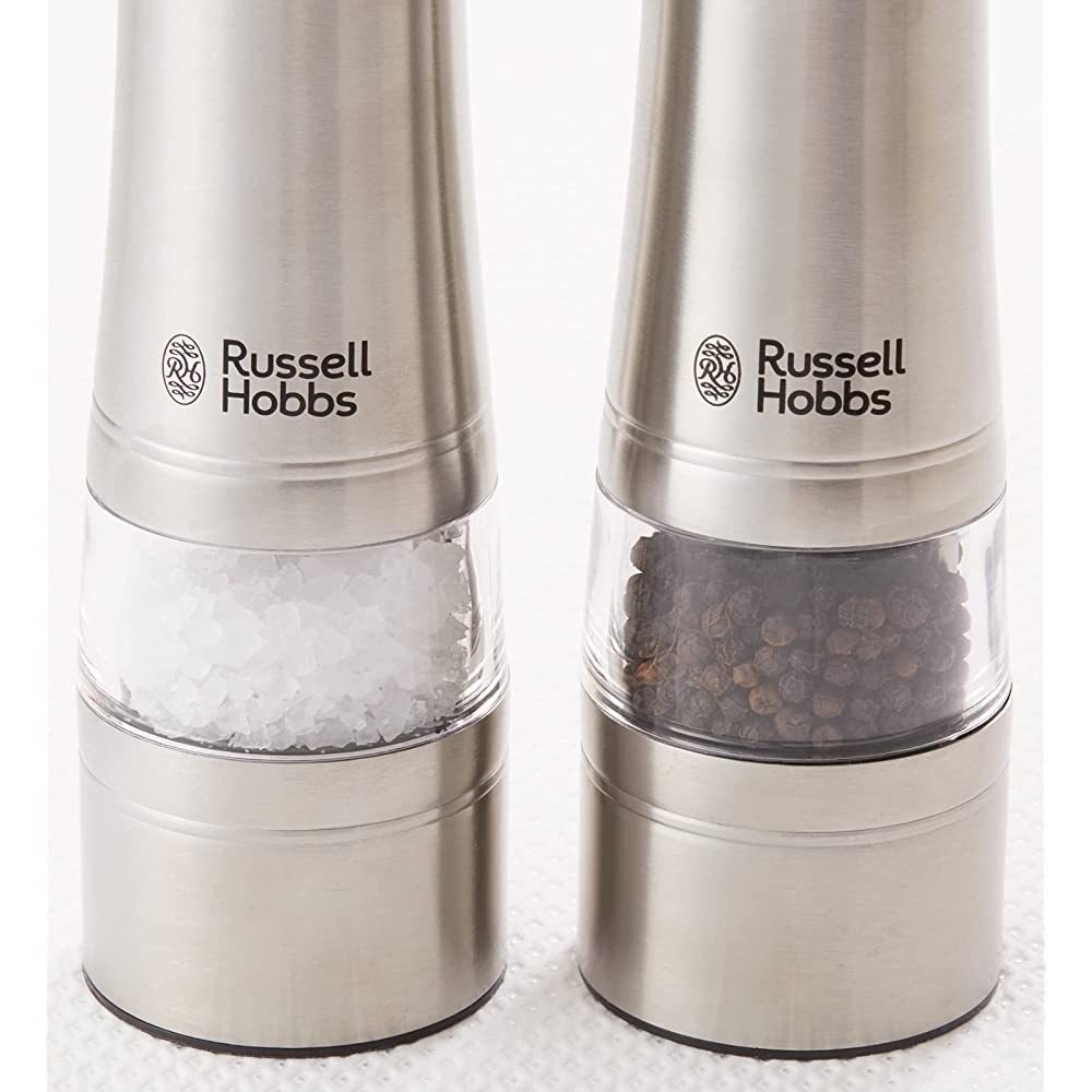 Russell Hobbs 7923JP Electric Salt & Pepper Mill, Spice Grinder, Wooden Stand Included, Color: Silver, Set of 2