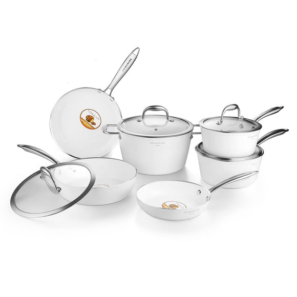 Cooksmark Pot and Frying Pan Set, Treated with Fluorine Resin, IH (Induction Cooker) Compatible, Comes with Glass Lid
