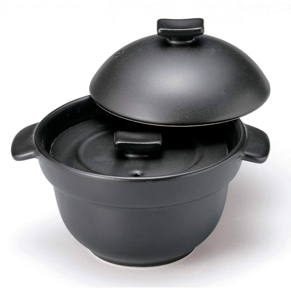 Saji Pottery Rice Pot Black 16cm Banko Grilled Rice Pot (with inner lid) 1 Set Black Glaze Yayoi 10-2