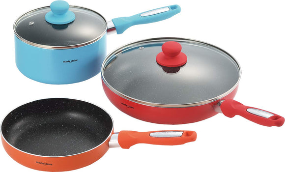 Tamahashi MC-078 Pot Set, Color Aluminum 3-Piece Set, IH Compatible, Blue, Orange, Red, Single Handle Pot, 7.1 inches (18 cm) Frying Pans, 7.9 inches (20 cm) Frying Pan with Lid, 10.2 inches (26 cm)