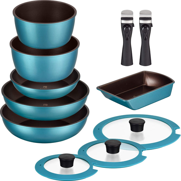Lycka AMB-1937 Diamond Coat Pot Frying Pan, 11-Piece Set, Turquoise, Detachable Handle, Induction Gas and Oven Cookable, Dishwasher Safe