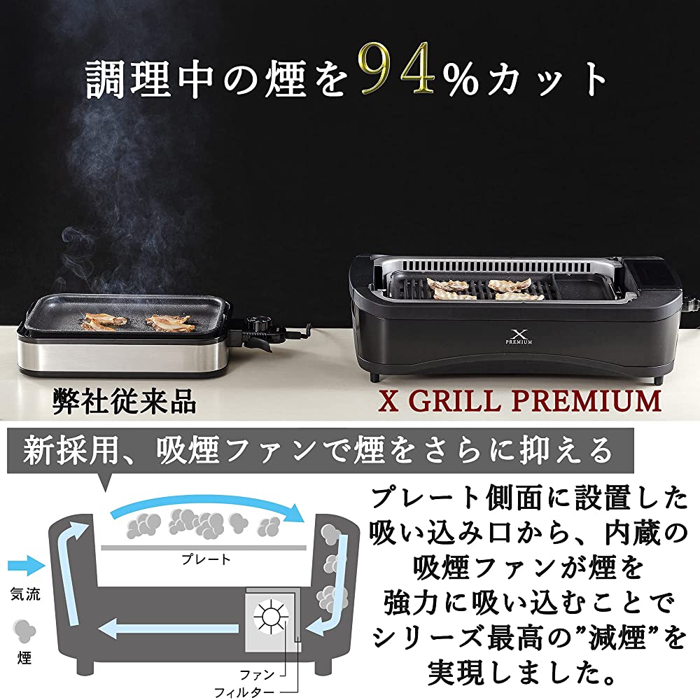 Yamazen YGMC-FXT130(B) XGRILL Premium Low Smoke, Wide Size, 2 Types of  Plates (Makiniku / Takoyaki) with Smoke Absorption Function, Blocks Approx.  94%