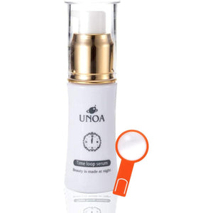 Human stem cell serum "UNOA Time Loop Serum" contains high amounts of beauty ingredients and comes with a bookmark-shaped magnifying glass