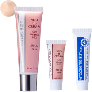 Vita BB Cream 30mL + Travel Size 10mL SPF30 PA++ Contains cyanocobalamin Contains Alps glacier water Japan exclusive product Includes Vita Cream MAX travel size Only available from the official site