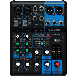 Yamaha 6-channel mixing console MG06X Maximum 2 Mic / 6 Line inputs (2 mono + 2 stereo) Equipped with 6 high-quality digital effects by SPX Equipped with microphone preamplifier "D-PRE"