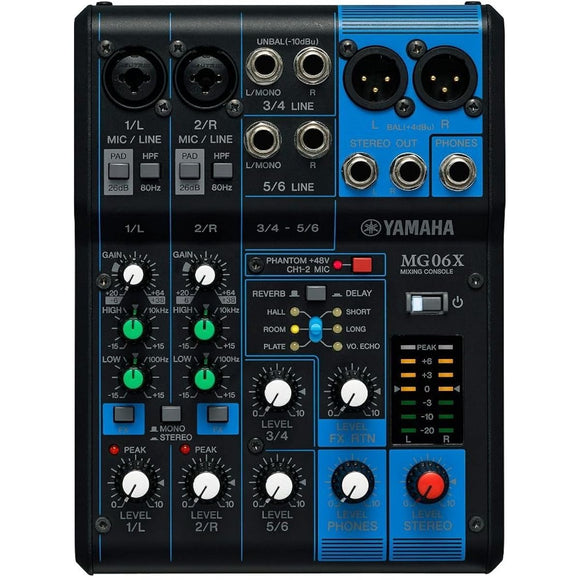 Yamaha 6-channel mixing console MG06X Maximum 2 Mic / 6 Line inputs (2 mono + 2 stereo) Equipped with 6 high-quality digital effects by SPX Equipped with microphone preamplifier 