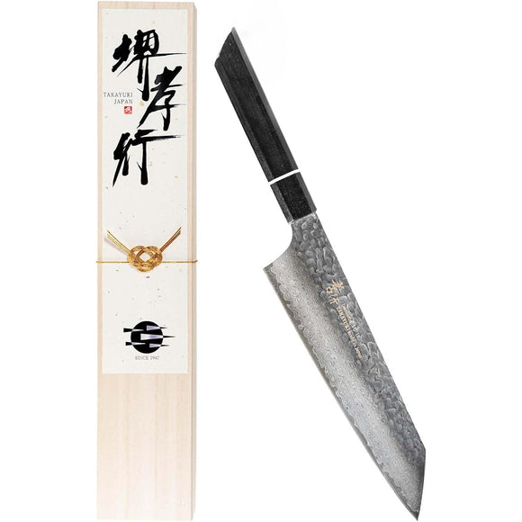 Takayuki Sakai, Sengoku Damascus Sword Shape, Gyuto Knife, 7.5 inches (190 mm), V-Gold No. 10 vg10, All-Purpose Knife, 33-Layer Hammame, Oak Lacquer Pattern (Model No. s19003)