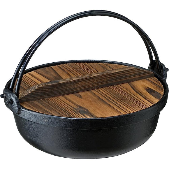 Ishigaki Sangyo 3985 Hearth Pot with Wooden Lid, Black, 9.4 Inches (24 cm), Compatible with Gas Stoves and Induction Cookers, Cast Iron