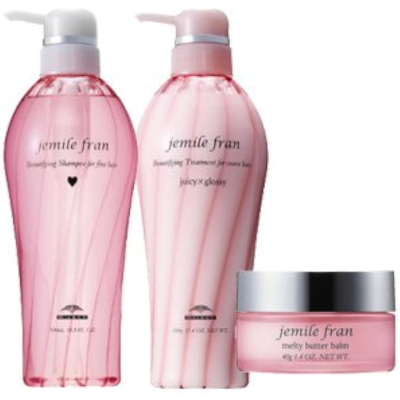 Milbon Gemile Fran Shampoo Heart 500mL + Treatment Juicy Glossy 500g + Melty Butter Balm Solid Type 40g Set