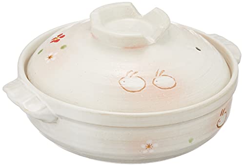 Ishigaki Sangyo Earthenware Pot White Pink Width 25 x Depth 21.5 x Height 11.5 cm For 2 to 3 people No. 7 Rabbit Kanon Direct fire only 3666