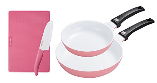 Kyocera Kitchen 4-piece set Cerabrid frying pan 20cm 26cm White pink For gas fire only Ceramic knife 14cm Cutting board CFDG-4A-PK