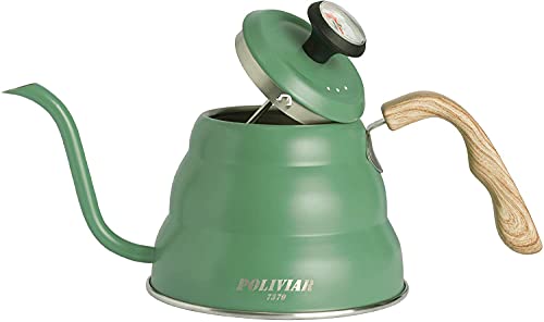 POLIVIAR CKN-jp Drip Pot, Thin Drip Kettle, Coffee Pot, Coffee Kettle, 3.3 fl oz (1 L), Stainless Steel, Thermometer, Wood Grain Handle, Coffee, Direct Fire, Gas Fire, Compatible with Induction Portion, Home and Office, Commercial Use, Stylish, Green