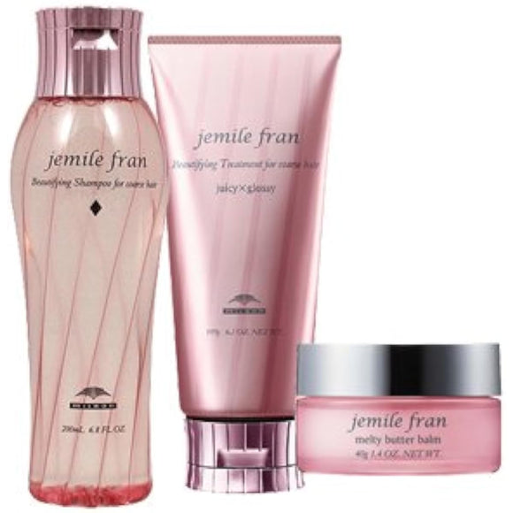 Milbon Gemile Fran Shampoo Diamond 200mL + Treatment Juicy Glossy 180g + Melty Butter Balm Solid Type 40g Set