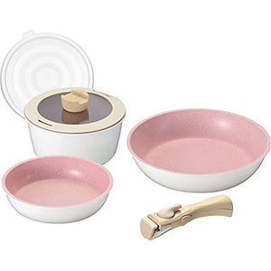 Peace Fraise Pot Set 3-Piece Set Pink x White IH Gas Compatible Marble Coat Handle can be removed Fascinating frying pan MB-2164