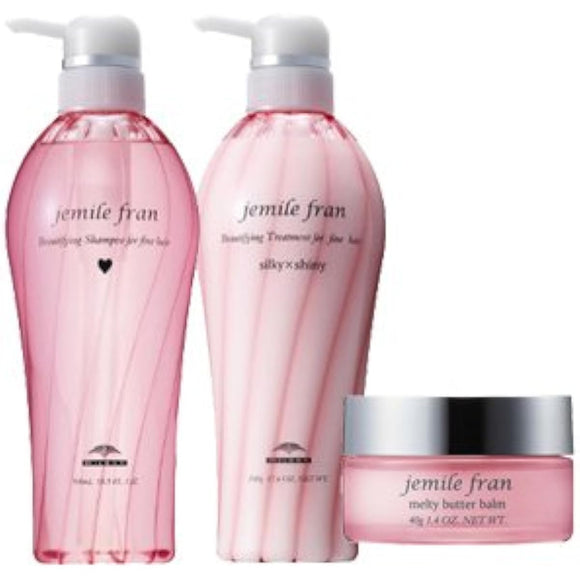 Milbon Gemile Fran Shampoo Heart 500mL + Treatment Silky Shiny 500g + Melty Butter Balm Solid Type 40g Set