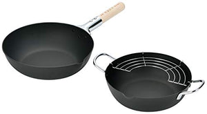 Yokoyama Frying Pan Set Black Flat Bottom Pot 27cm, Tempura Pot 24cm Akasaka Ryomiya Carefully Selected Iron Cooking Tools Flat Bottom Pot Tempura Pot ART-501 2-piece set
