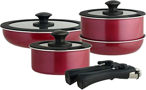 Living frying pan Pot set 9-piece set IH compatible Gold marble coat Non-stick red 506463