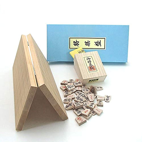 Wooden Shogi Board Set, Shinkira No. 6 Folding Shogi Board and Wooden Maple Pressed Koma Back Red (1st Popular Calligraphy) in Paulownia Box