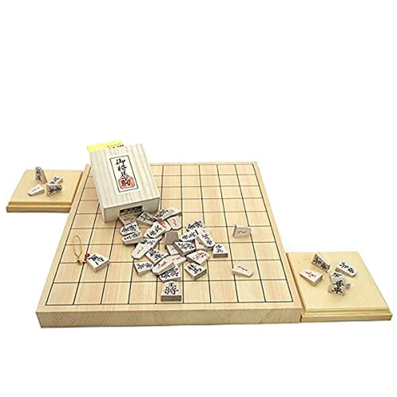 Wooden Shogi Board Full Set Hiba No. 10 Tabletop Joint Shogi Board and Wooden Maple Pressed Koma Back Red (4 Most Popular Calligraphy) with Paulownia Box (1 Root Included)