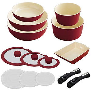 Iris Ohyama Frying Pan Pot 14-piece set Gas fire IH compatible Lightweight time-saving cooking Easy to clean Ceramic color pan with handle Raspberry red H-CC-SE14P