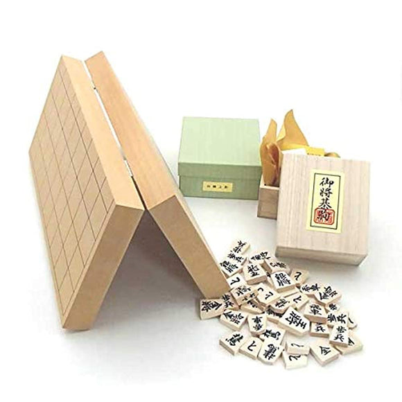 Shogi Set Shinkira No. 10 Folding Shogi Board and White Tsubaki Top Carving Pieces Set