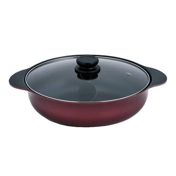 Takeda Corporation IH-2PT30 Divider Pot, Tabletop Pot, Glass Lid Included, Red, 11.8 x 15.4 x 3.5 inches (30 x 39 x 9 cm), Induction Compatible, 2-Color Pot, 11.8 inches (30 cm)