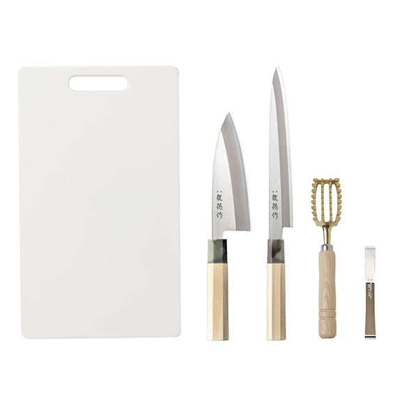 Ryutoku 5-Piece Cooking Tools Set for Fish (Debuteki Knife, Sashimi Knife, Scaling Remover, Boning Cutting Board)