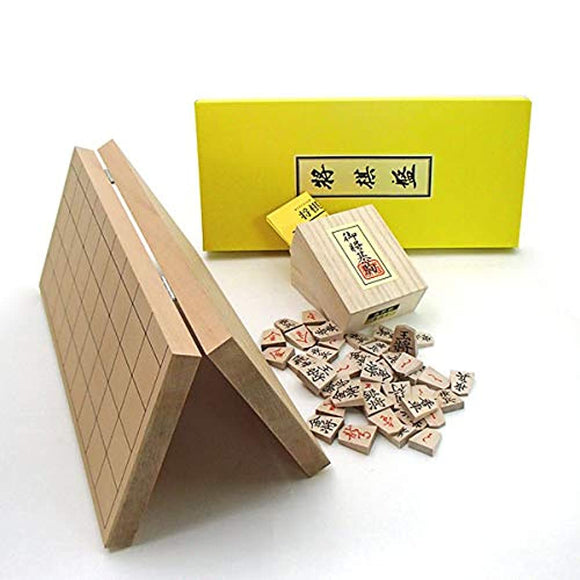 Shogi Board Set, Shinkira No. 7 Folding Shogi Board and Wooden Maple Pressed Koma Back Red (4 Big Calligraphs), Paulownia Box