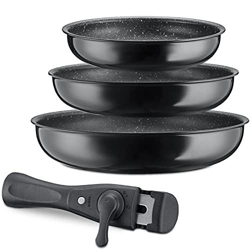 Frying pan 4-piece set 20cm 24cm 28cm Handle can be taken ih compatible Gas fire compatible Lightweight and easy to clean Black