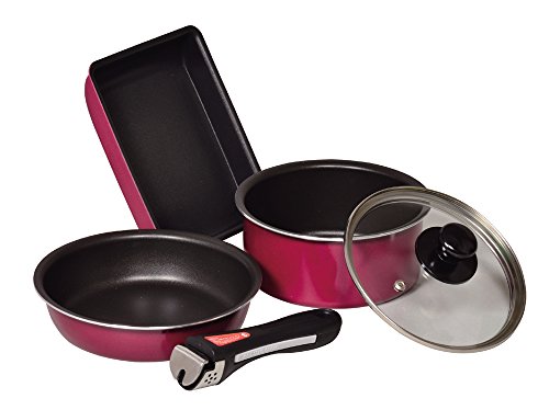 Pearl Metal Frying Pan Pot 5 Piece Set Red IH Compatible Fluorine Processing Cookware Compact Claire HB-1369