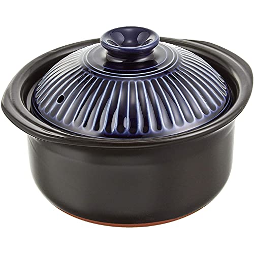 Ginpo Pottery Kikuka Rice Earthenware Pot (2 Cups, Cooking, Ruri), Banko Ware Double Lid, Earthenware Pot