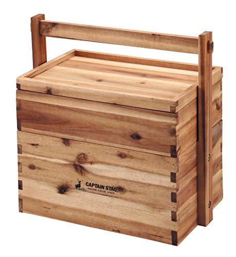 CAPTAIN STAG UP-2004 Wooden Box, Wood Box, Storage Box, Storage Case, Wood, Side Compartment, 2 Tiers, Lid Included, CS Classics