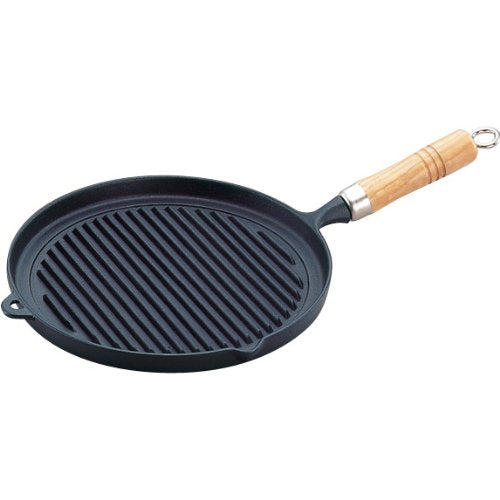 Iwachu 23029 Grill Pan with Wooden Handle, Black Baking, Inner Diameter 9.6 inches (24.5 cm), Induction Compatible, Nambu Ironware