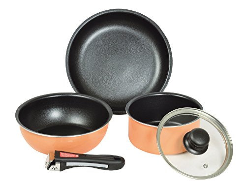 Pearl Metal Frying Pan Pot 5 Piece Set IH Compatible Fluorine Processing Set with Handle Cookware Set Orange My Life HB-3703