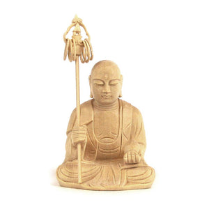 Kurita Buddhist Brand [Bodhisattva] Jizo Zizo Statue (With tin wand), Body Only (Total Height 3.3 inches (8.5 cm), Width 2.4 inches (6 cm), Depth 2.0 inches (5 cm), High Quality Wood Carving 9075