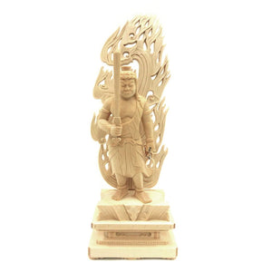 Wooden sculpture BUDDHA of Fudo Myo King SQUARE BASE Flame Light 6.0 Dimension Hinoki