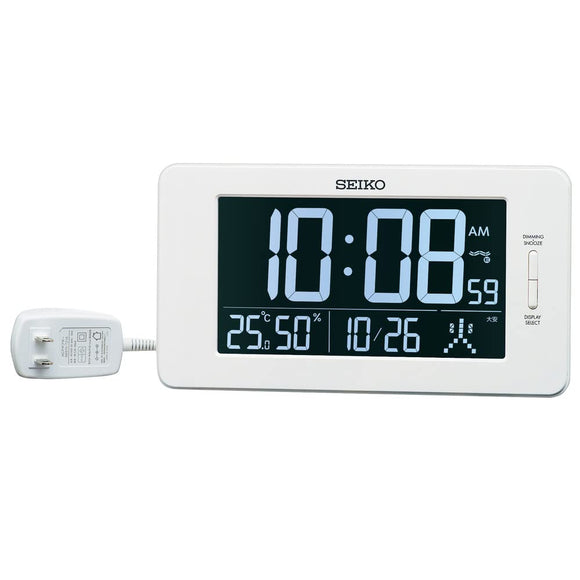 Seiko Clock DL216W Table Clock, Alarm Clock, Radio Controlled, Digital, AC Type, 3 Mode Display, Temperature and Humidity Display, White, Product Size: 5.0 x 9.1 x 0.9 inches (12.6 x 23 x 2.3 cm)