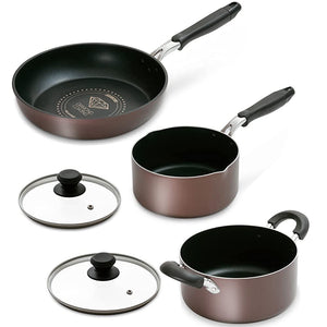 Iris Ohyama DCI-FP5S Frying Pan and Pot Set, 5-Piece Set, Two-Handled Pot, With Lid, Glass Lid, Diamond Coat, Living Alone, For 2 People, Brown