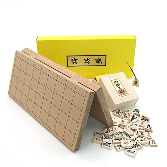 Wooden Shogi Set with Yamagata Tendo Hon Tsuge Carved Koma Root, Shinkei No. 7 Folding Shogi Board and Excellent Shogi Pieces