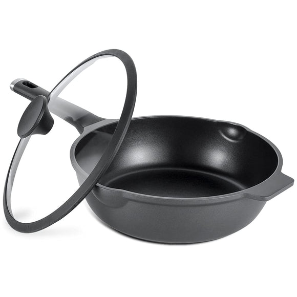 Deep Pan 11.0 inches (28 cm), Induction and Gas Safe Wok Frying Pan with Glass Lid and Spout - Titanium 5 Layer Coating, Non-Stick Long Lasting Easy Care