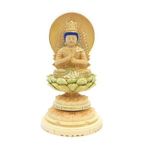 Wooden sculpture BUDDHA Dainichi Nyorai Splate statue JAPANESE WORLD 2.0 Dimension Light Circle Base Hinoki RICH COLOUR