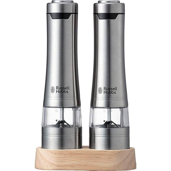 Russell Hobbs 7923JP Electric Salt & Pepper Mill, Spice Grinder, Wooden Stand Included, Color: Silver, Set of 2