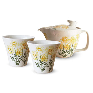 J-kitchens Inzan Kiln Teapot Tea Cup Set Hasami Ware Set, Made in Japan, 8.4 fl oz (240 ml), 4.1 fl oz (130 ml), For 1 to 2 People, With Tea Strainer, Wild Flowers, Yellow