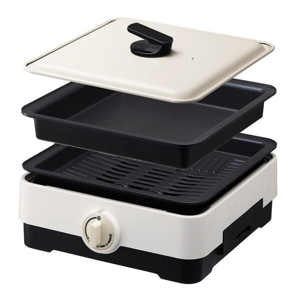 Doshisha Compact Hot Plate with Smoke-Reducing Plate, 2 Pieces (Yakiniku Plate, Deep Flat Plate), White, Pieria